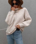 High Neck Balloon Sleeve Rib-Knit Pullover Sweater - Body By J'ne