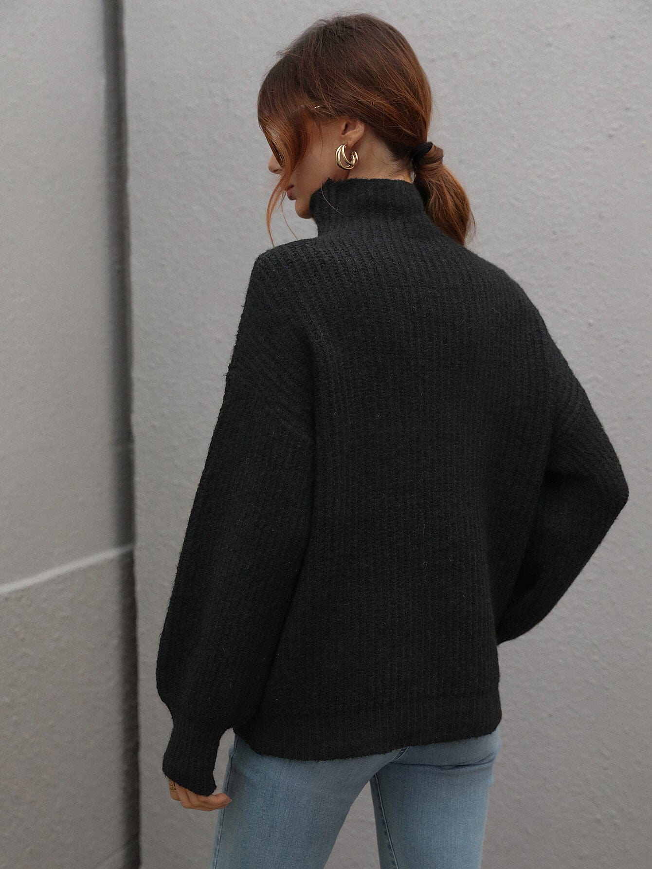 High Neck Balloon Sleeve Rib-Knit Pullover Sweater - Body By J'ne