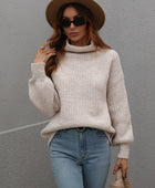 High Neck Balloon Sleeve Rib-Knit Pullover Sweater - Body By J'ne