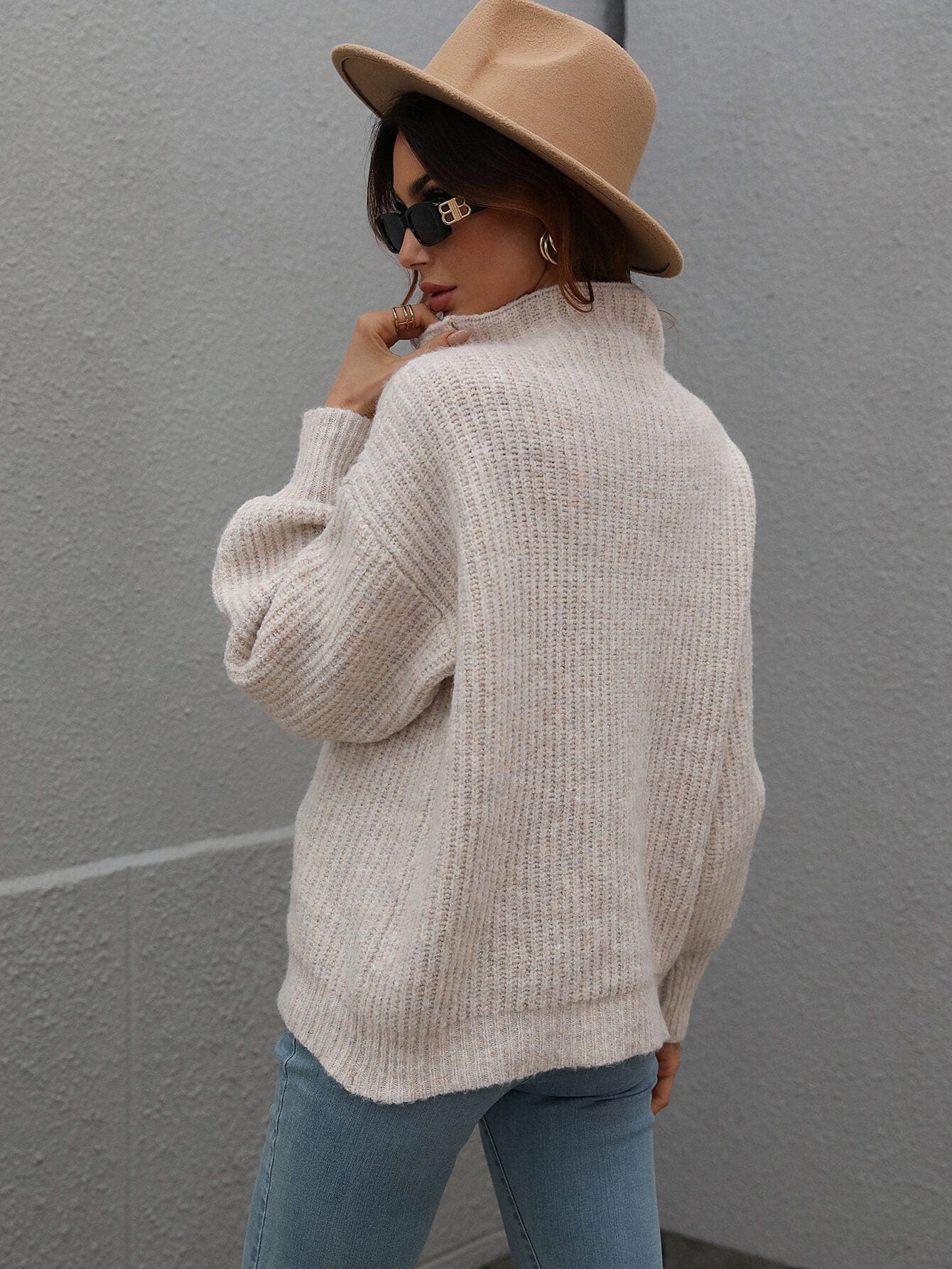 High Neck Balloon Sleeve Rib-Knit Pullover Sweater - Body By J'ne