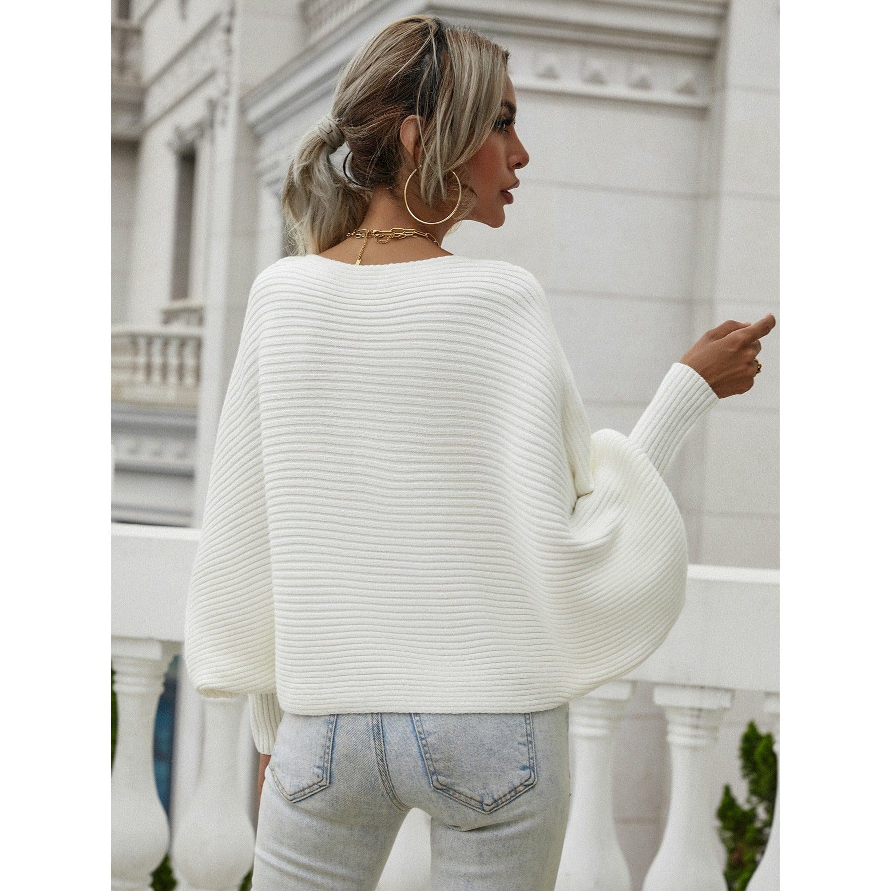 Horizontal Ribbing Dolman Sleeve Sweater - Body By J'ne