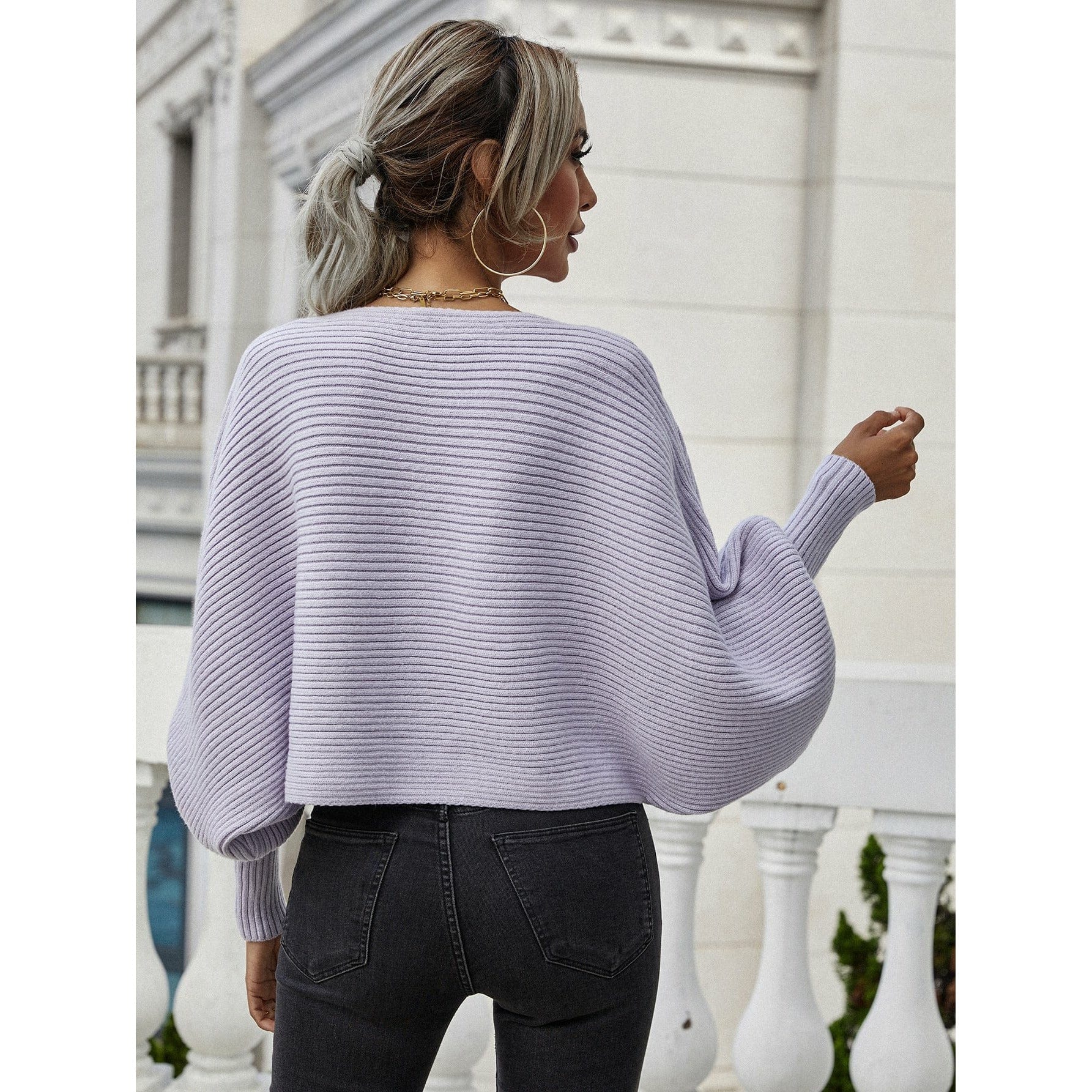 Horizontal Ribbing Dolman Sleeve Sweater - Body By J'ne