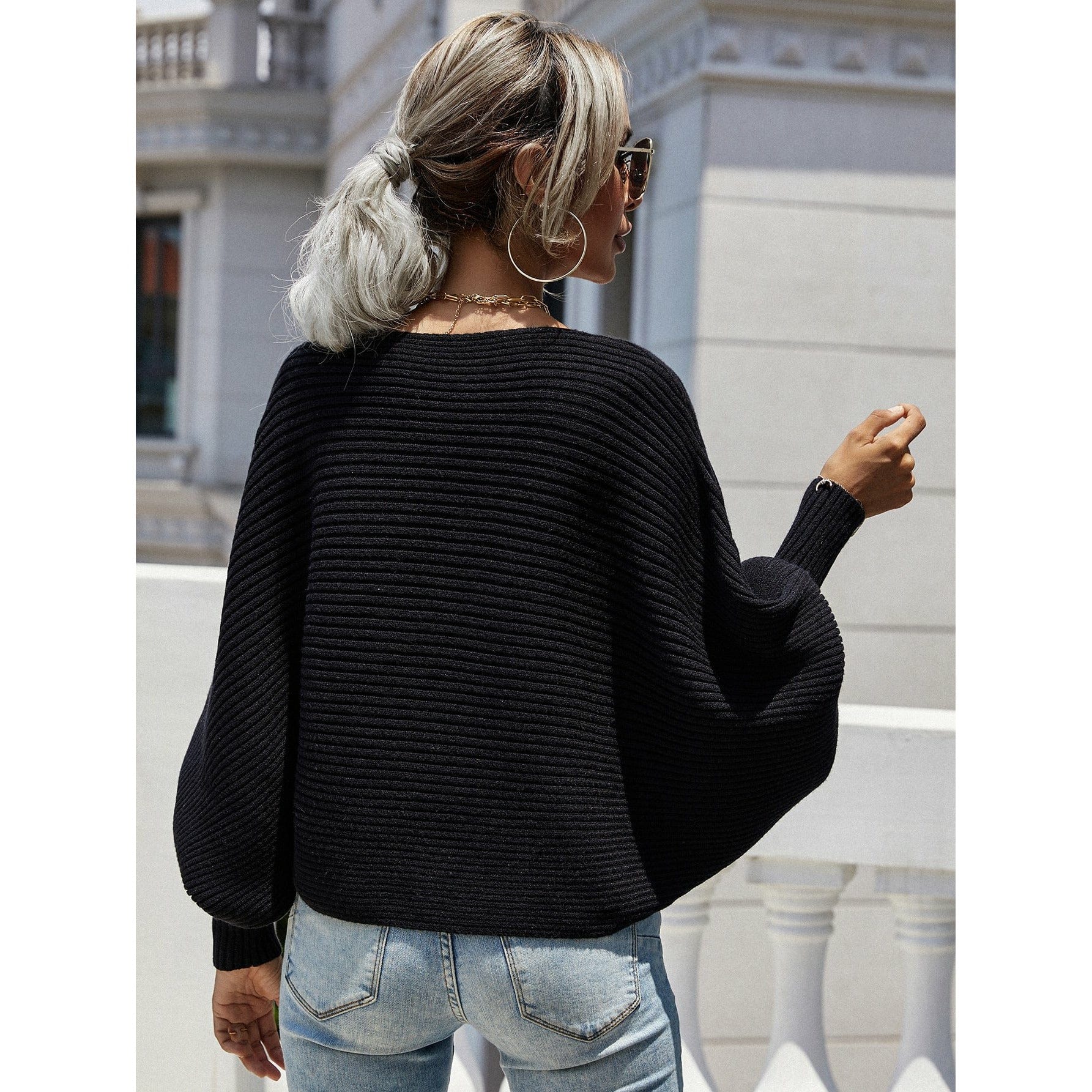 Horizontal Ribbing Dolman Sleeve Sweater - Body By J'ne