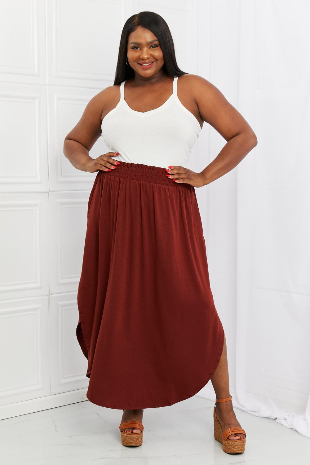 It's My Time Full Size Side Scoop Scrunch Skirt in Dark Rust - Body By J'ne