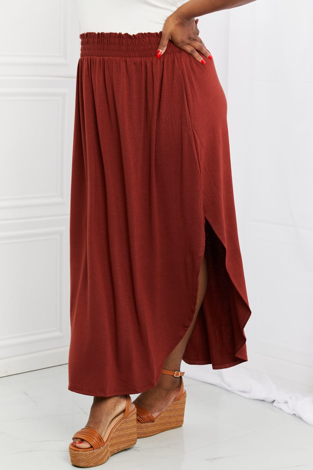 It's My Time Full Size Side Scoop Scrunch Skirt in Dark Rust - Body By J'ne