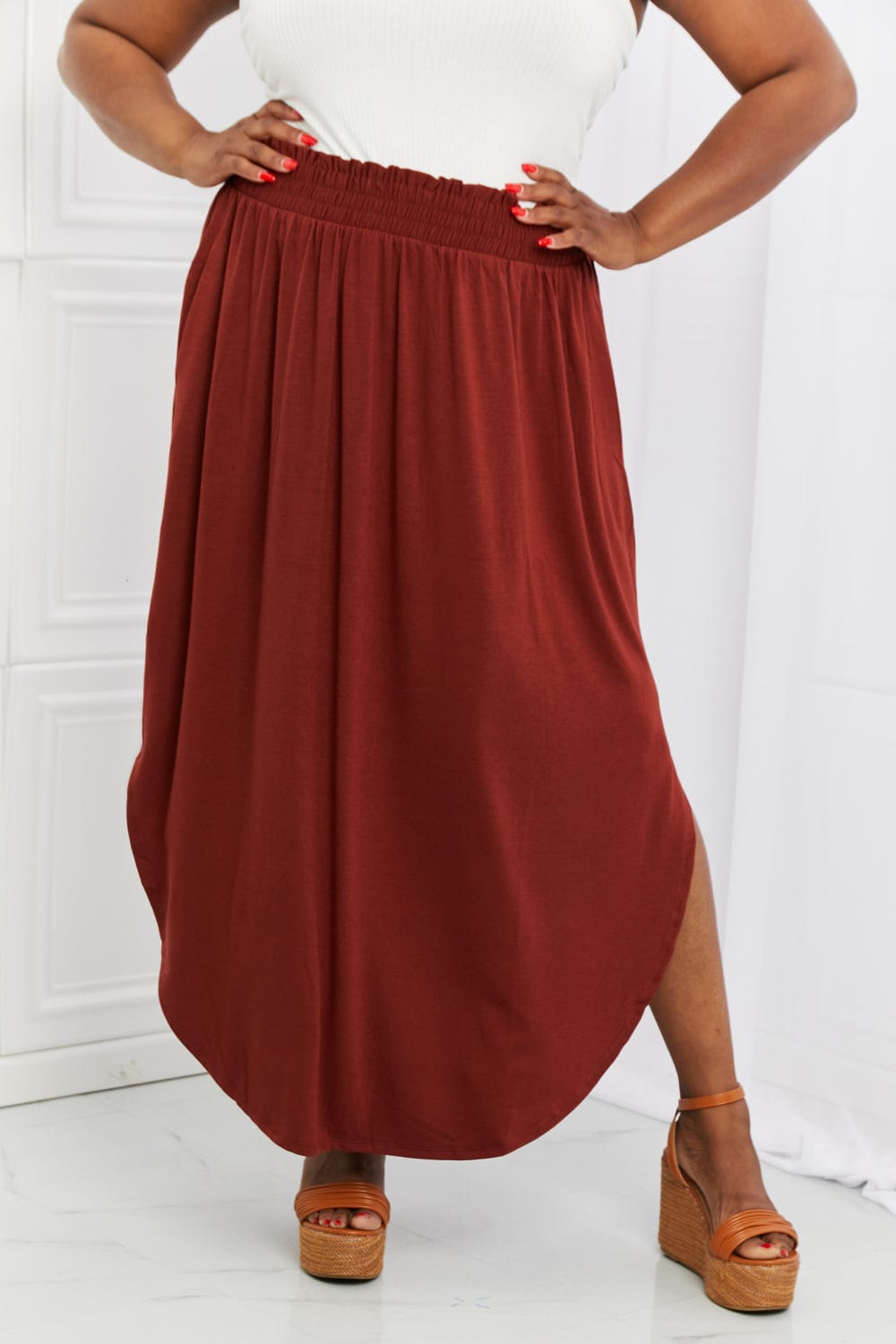 It's My Time Full Size Side Scoop Scrunch Skirt in Dark Rust - Body By J'ne