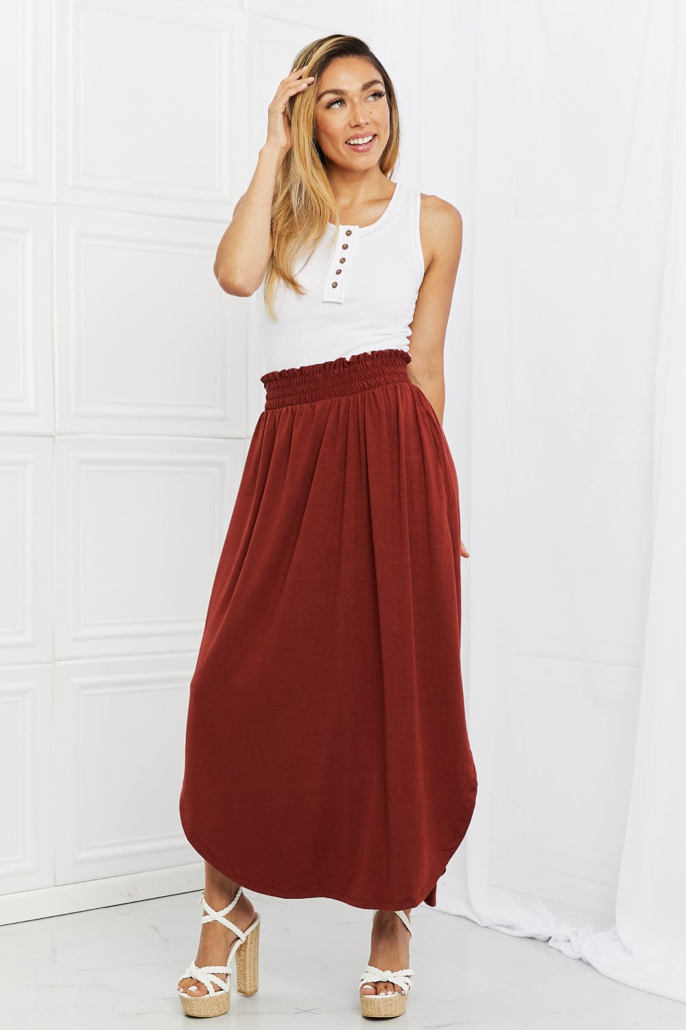 It's My Time Full Size Side Scoop Scrunch Skirt in Dark Rust - Body By J'ne