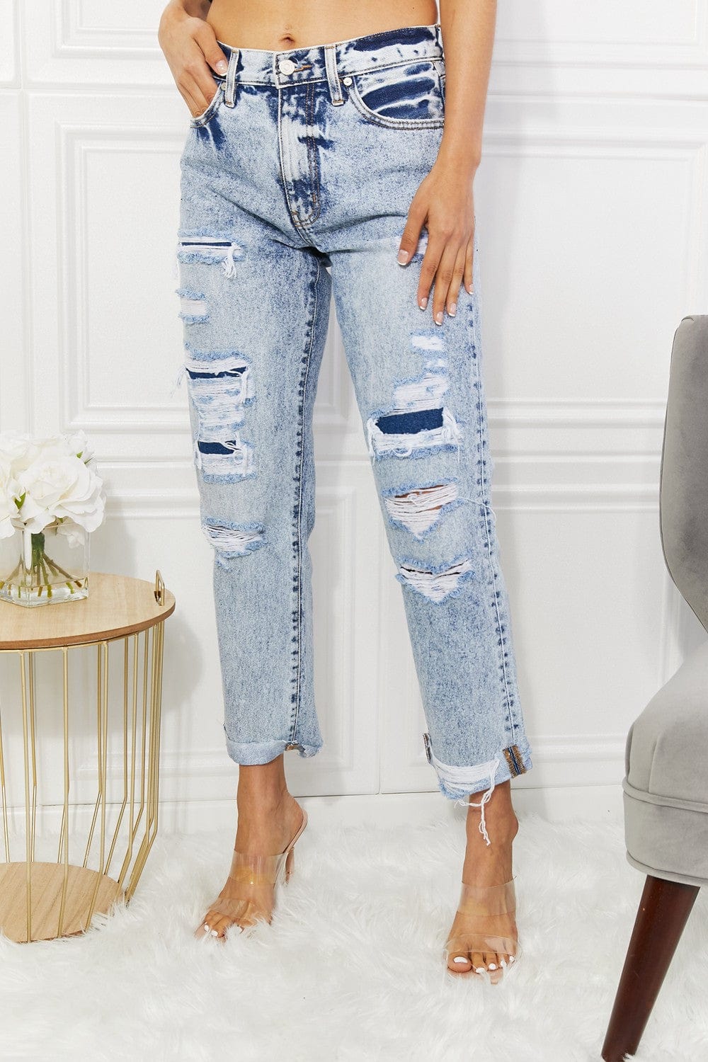 Kendra High Rise Distressed Straight Jeans - Body By J'ne
