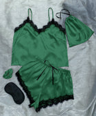 Lace Trim Cami, Shorts, Eye Mask, Scrunchie, and Bag Pajama Set - Body By J'ne