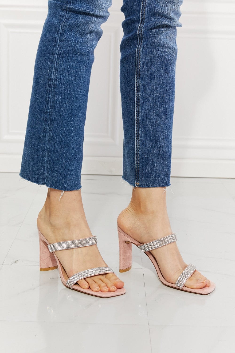 Leave A Little Sparkle Rhinestone Block Heel Sandal in Pink - Body By J'ne