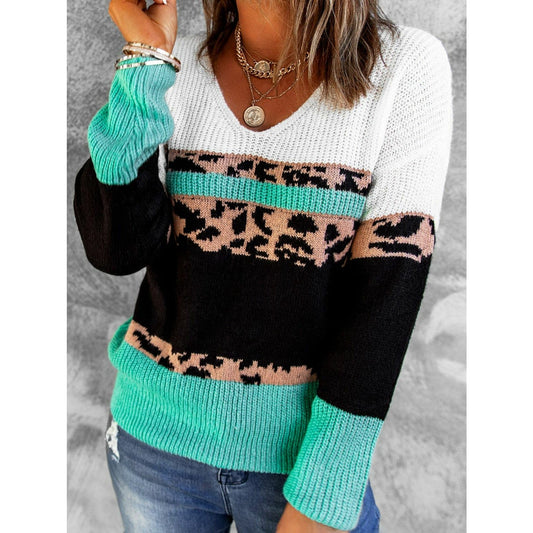 Leopard Color Block V-Neck Rib-Knit Sweater - Body By J'ne
