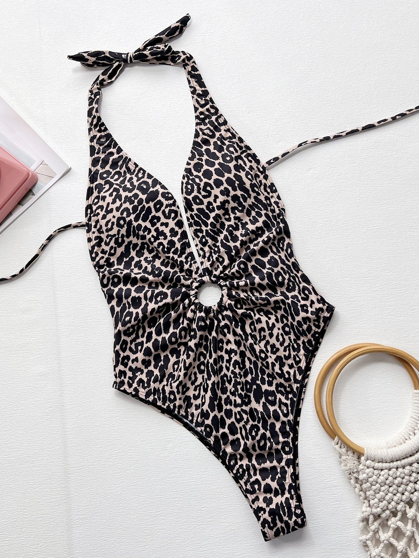 Leopard Halter Neck Ring Detail One-Piece Swimsuit - Body By J'ne