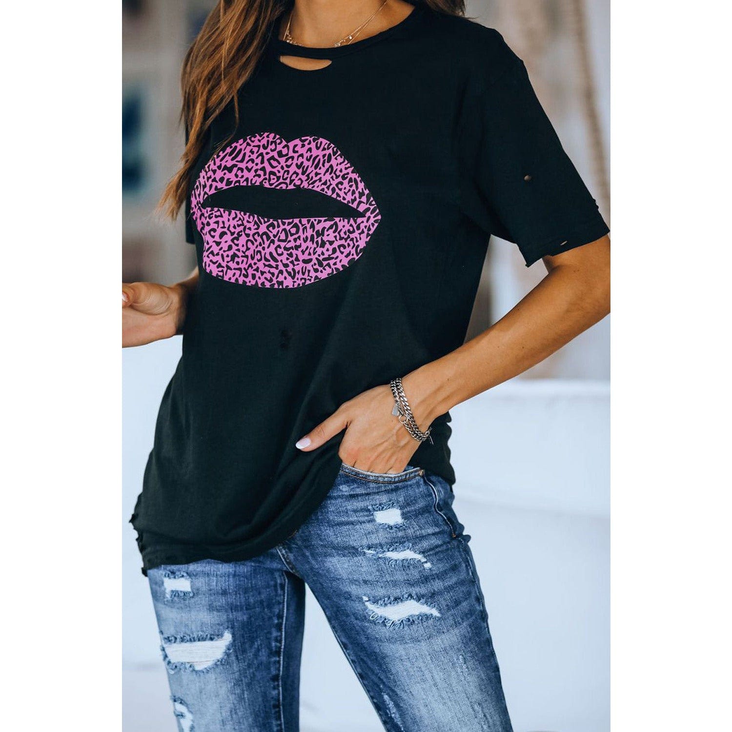 Leopard Lip Distressed T-Shirt - Body By J'ne