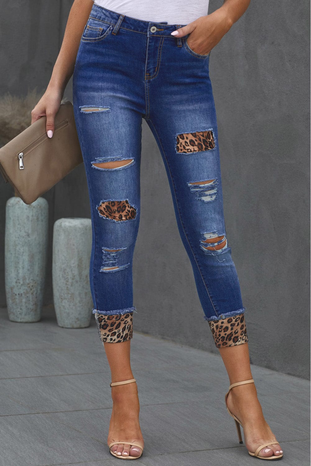 Leopard Patch Distressed Cropped Jeans - Body By J'ne