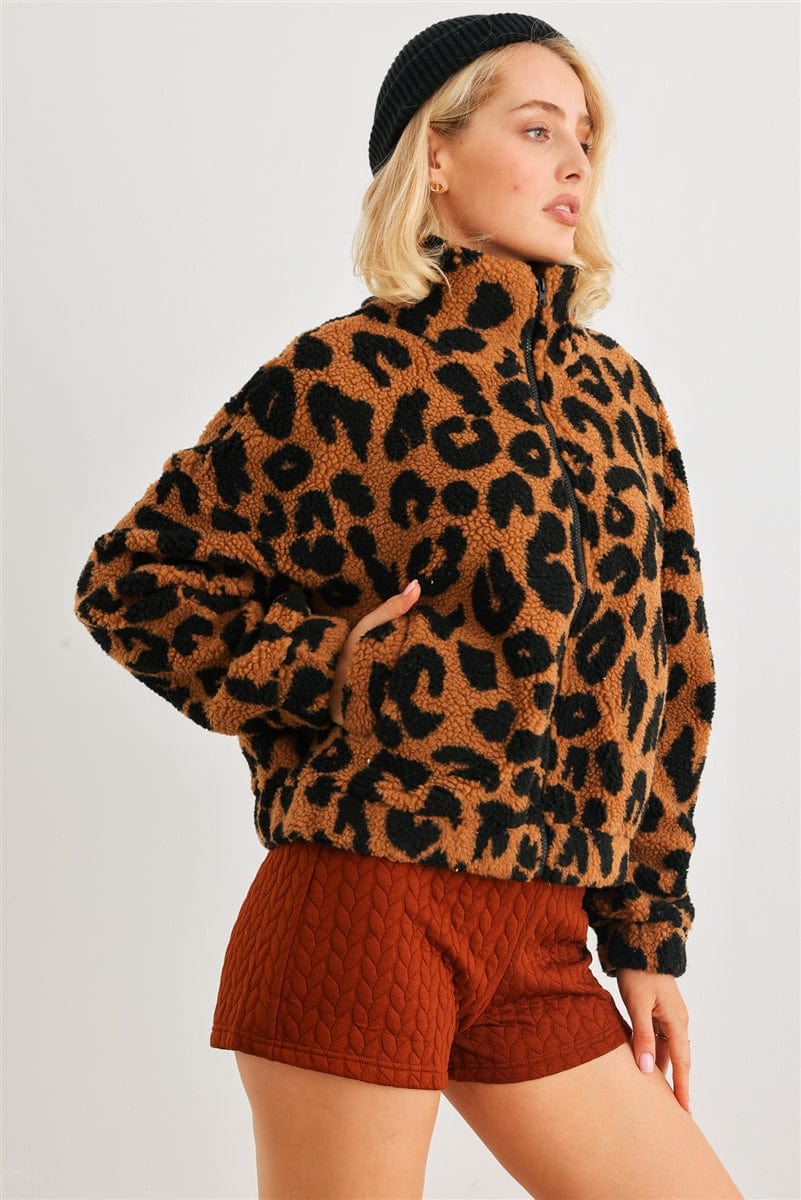 Leopard Teddy Zip-up Two Pocket Jacket - Body By J'ne