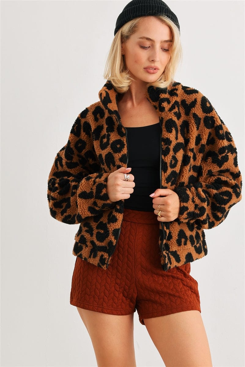 Leopard Teddy Zip-up Two Pocket Jacket - Body By J'ne