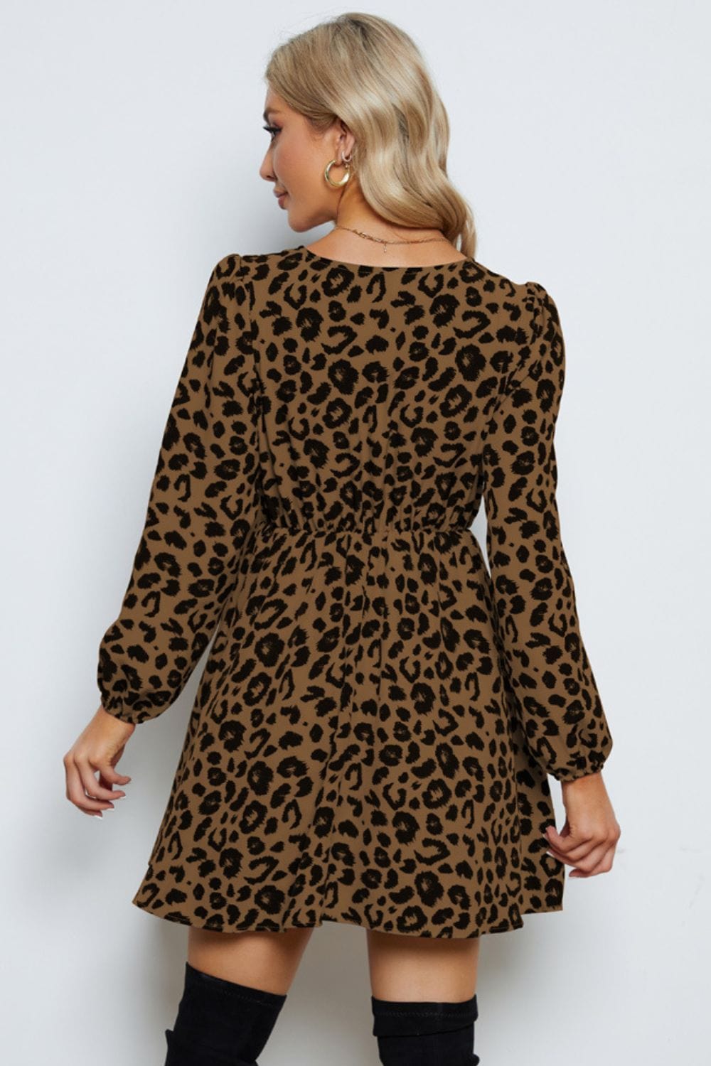 Leopard V-Neck Balloon Sleeve Dress - Body By J'ne