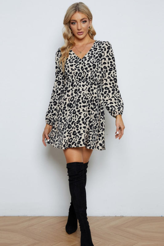 Leopard V-Neck Balloon Sleeve Dress - Body By J'ne