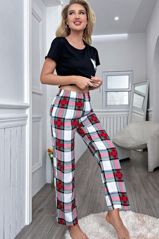 Lettuce Trim Cropped T-Shirt and Plaid Pants Lounge Set - Body By J'ne