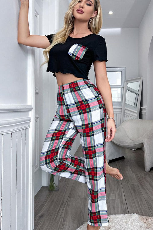 Lettuce Trim Cropped T-Shirt and Plaid Pants Lounge Set - Body By J'ne