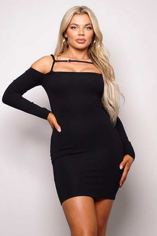 Long Sleeve Cuff Front Strap Mini Dress - Body By J'ne