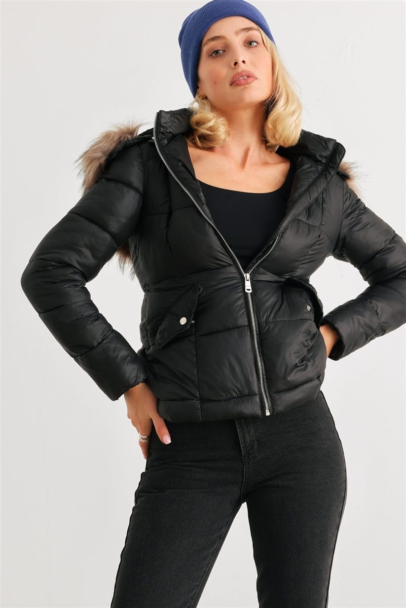 Long Sleeve Faux Fur Hood Padded Water Resistant Finish Jacket - Body By J'ne