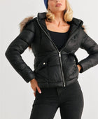 Long Sleeve Faux Fur Hood Padded Water Resistant Finish Jacket - Body By J'ne