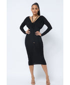 Long Sleeve Midi Dress With Low V Neck Front And Back With Ruching On Sides And Chest - Body By J'ne