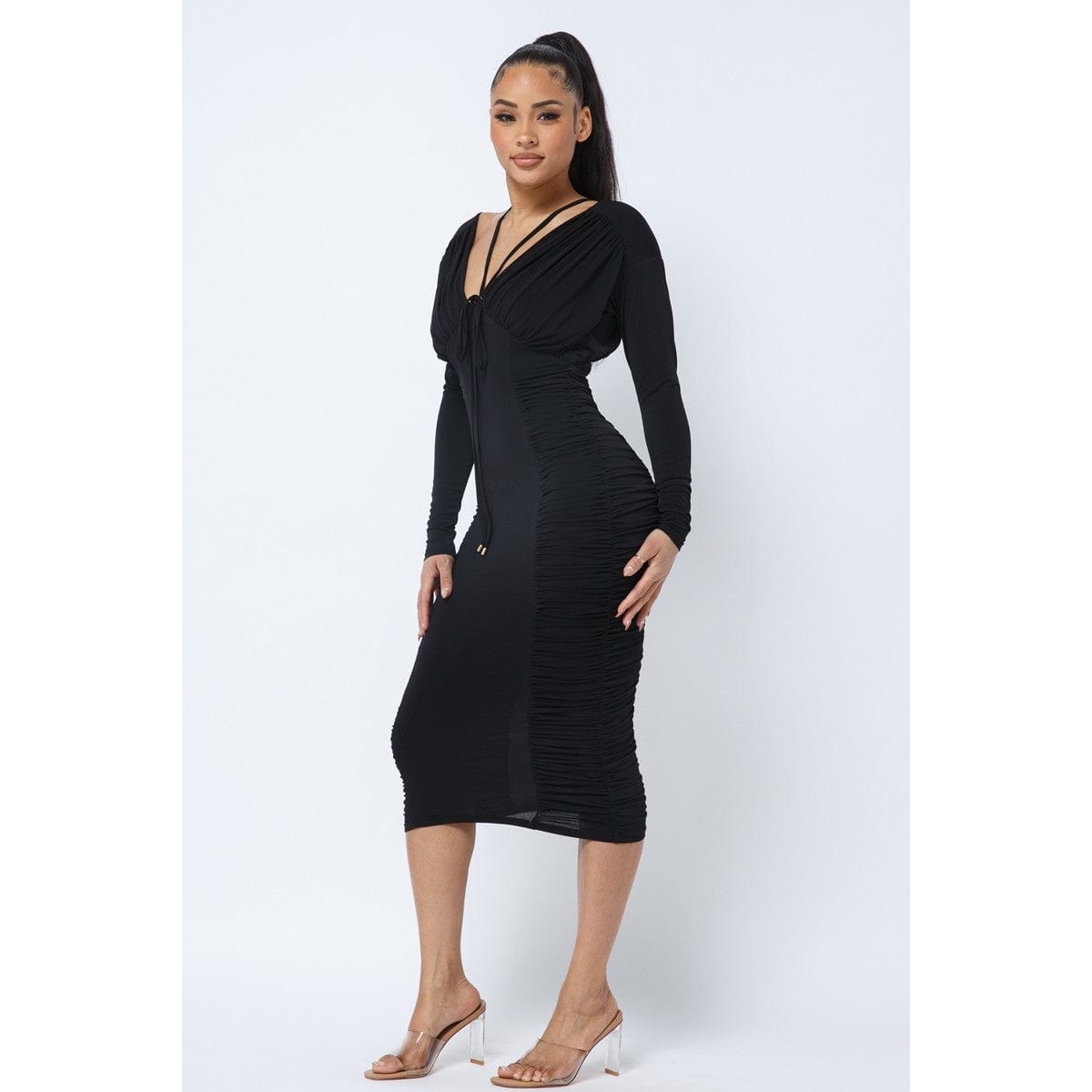 Long Sleeve Midi Dress With Low V Neck Front And Back With Ruching On Sides And Chest - Body By J'ne