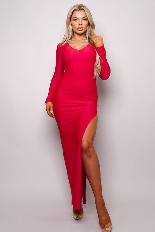 Long Sleeve V Neck Open Back Maxi Dress - Body By J'ne