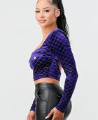 Lux Diamon Velvet Buttons Open Back Square Neck Long Sleeves Cropped Top - Body By J'ne