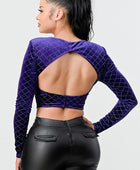 Lux Diamon Velvet Buttons Open Back Square Neck Long Sleeves Cropped Top - Body By J'ne