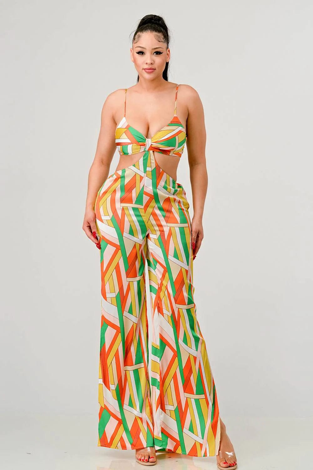 Luxe geo print satin bra top and palazzo jumpsuit - Body By J'ne