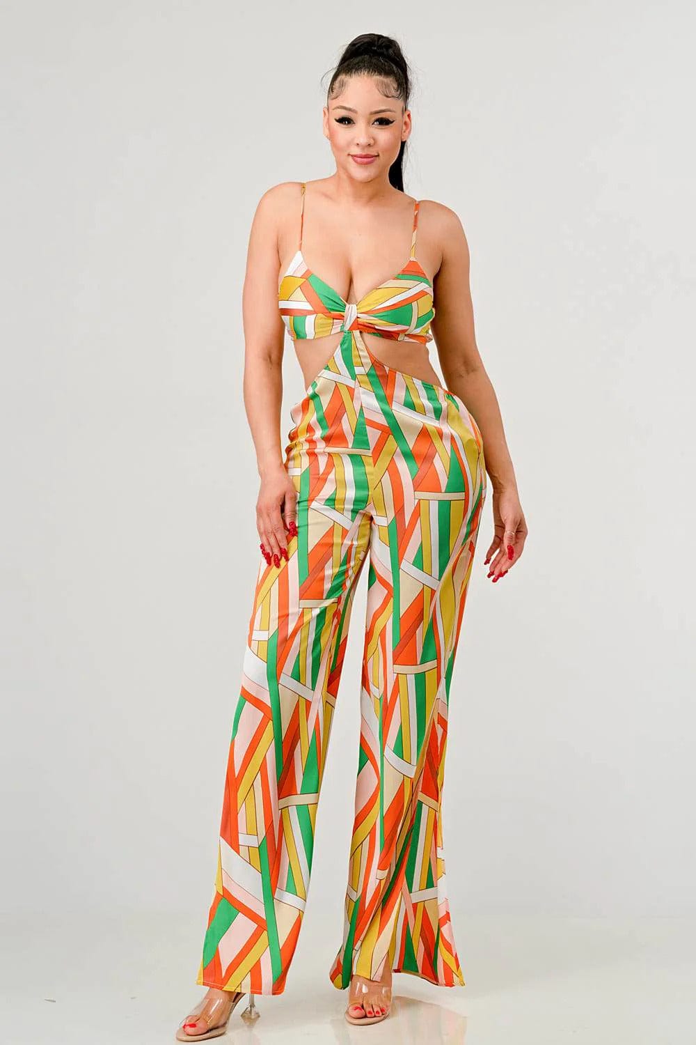 Luxe geo print satin bra top and palazzo jumpsuit - Body By J'ne