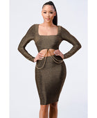 Luxe Waist Gold Chain Cut-out Detail Square Neck Glitter Bodycon Dress - Body By J'ne