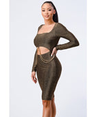 Luxe Waist Gold Chain Cut-out Detail Square Neck Glitter Bodycon Dress - Body By J'ne