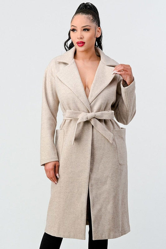 Luxe Wool Waist Tie Side Pockets Midi Length Coat - Body By J'ne