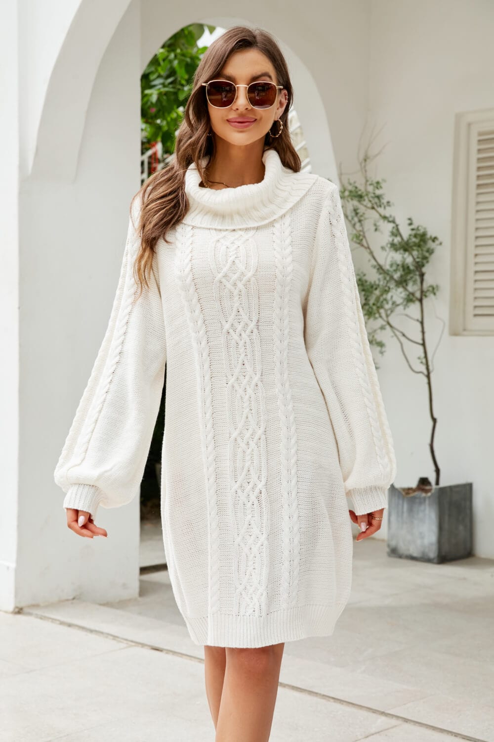 Mixed Knit Turtleneck Lantern Sleeve Sweater Dress - Body By J'ne