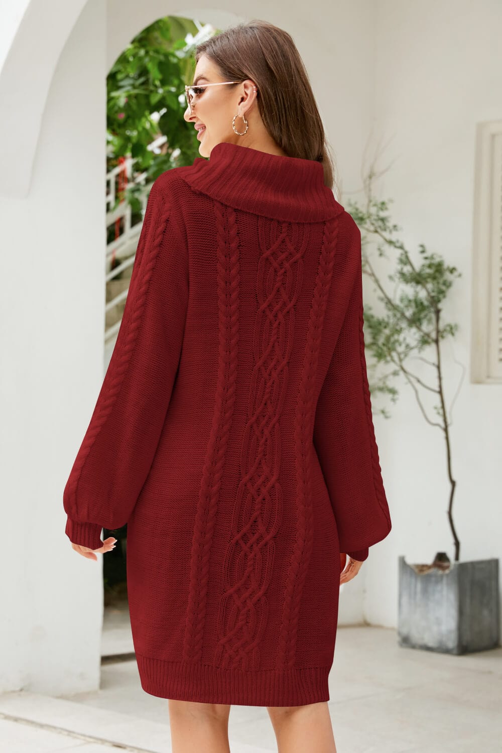 Mixed Knit Turtleneck Lantern Sleeve Sweater Dress - Body By J'ne