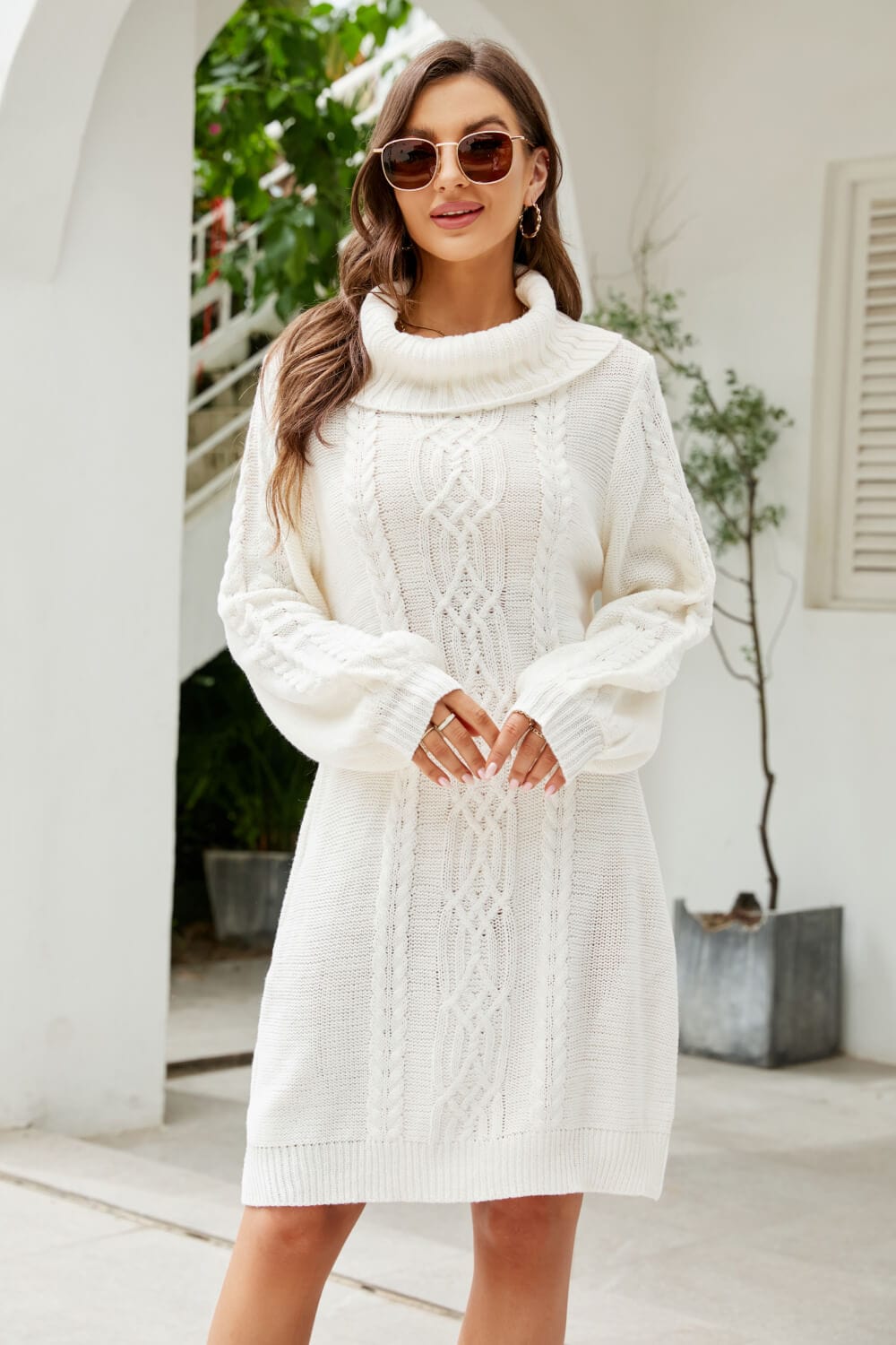Mixed Knit Turtleneck Lantern Sleeve Sweater Dress - Body By J'ne