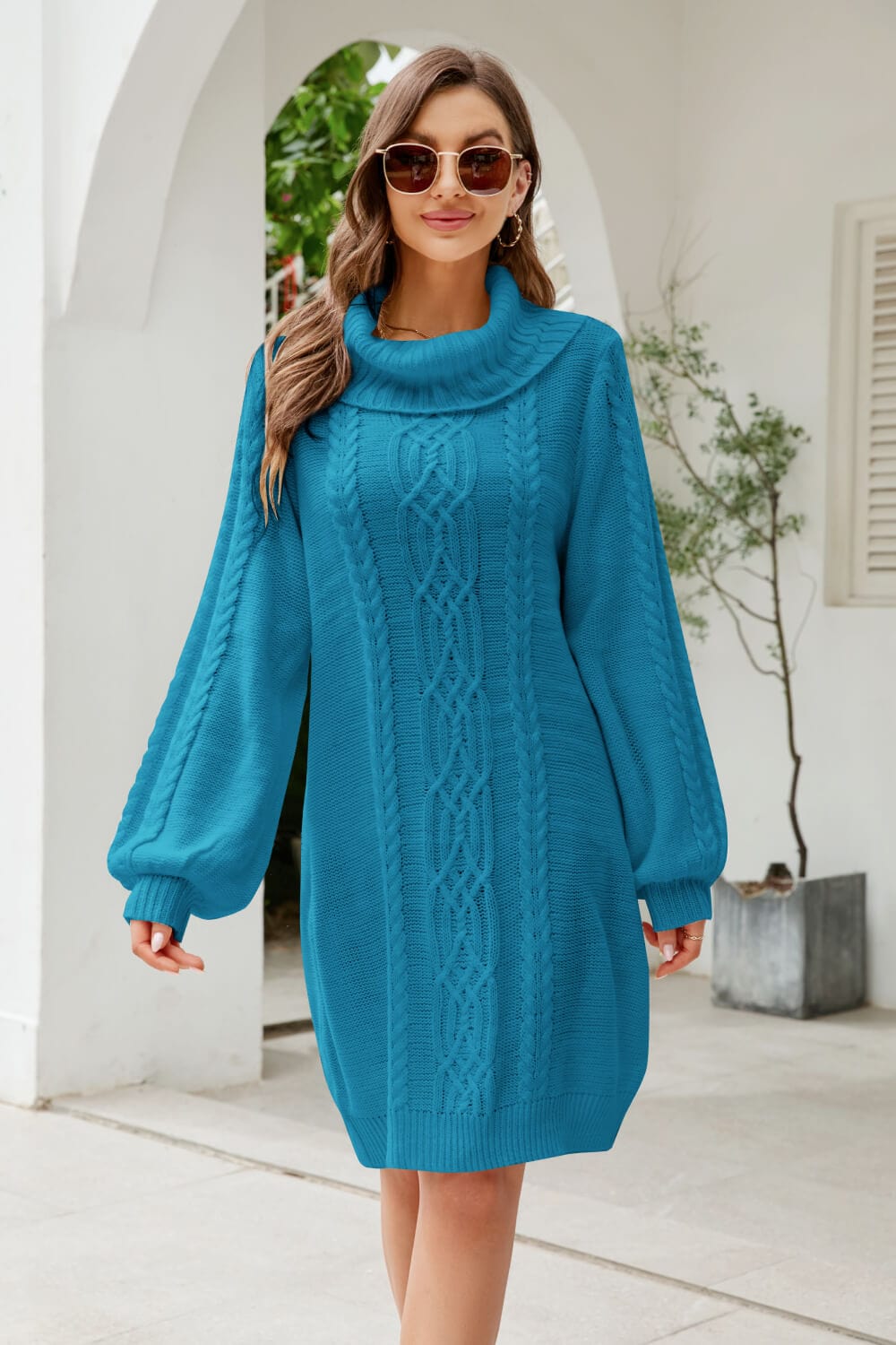 Mixed Knit Turtleneck Lantern Sleeve Sweater Dress - Body By J'ne