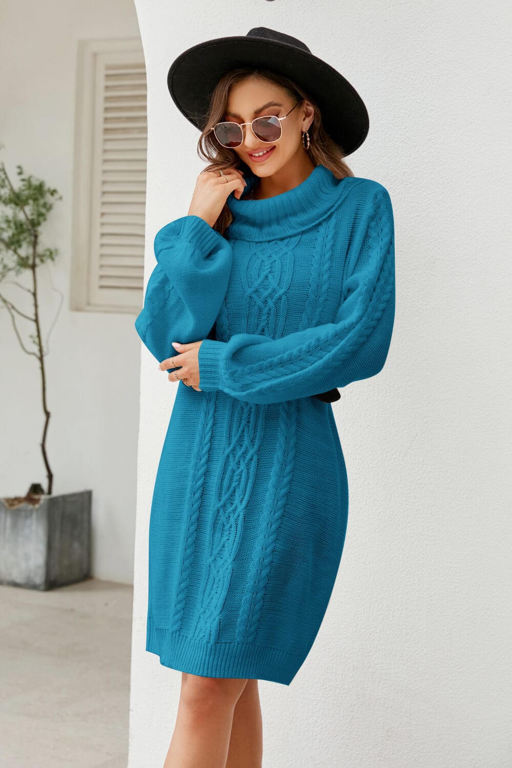 Mixed Knit Turtleneck Lantern Sleeve Sweater Dress - Body By J'ne