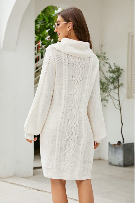 Mixed Knit Turtleneck Lantern Sleeve Sweater Dress - Body By J'ne