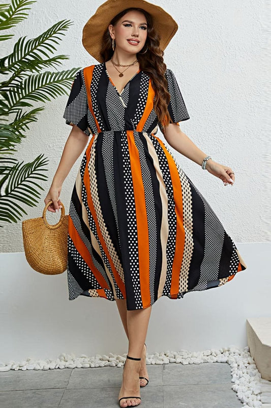 Mixed Print Striped Flutter Sleeve Dress - Body By J'ne