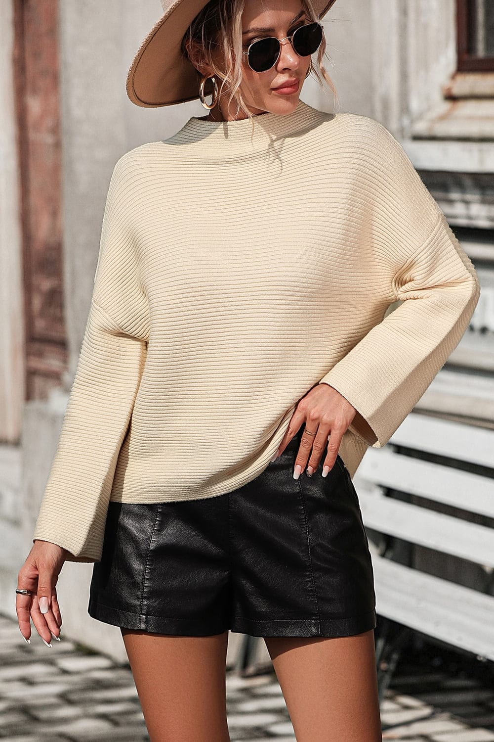 Mock Neck Dropped Shoulder Pullover Sweater - Body By J'ne