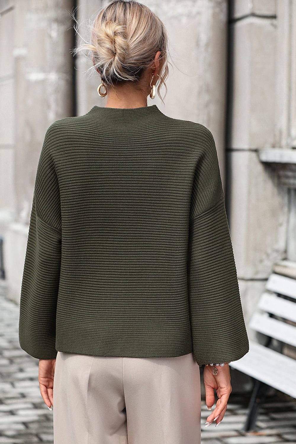 Mock Neck Dropped Shoulder Pullover Sweater - Body By J'ne