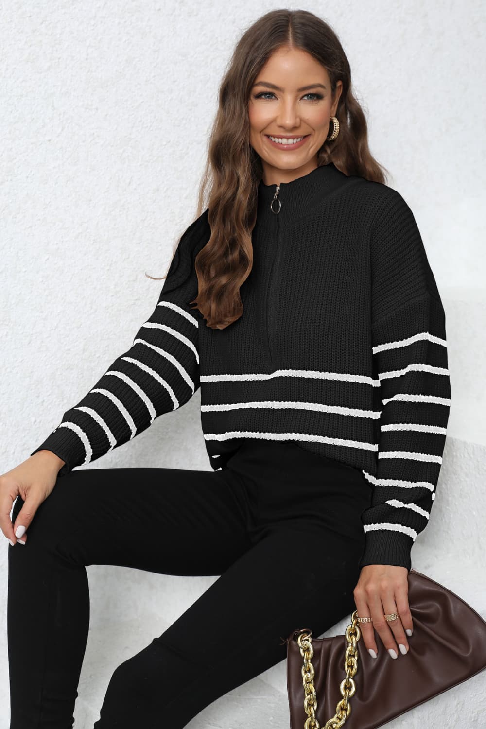 Mock Neck Long Sleeve Zip-Up Sweater - Body By J'ne