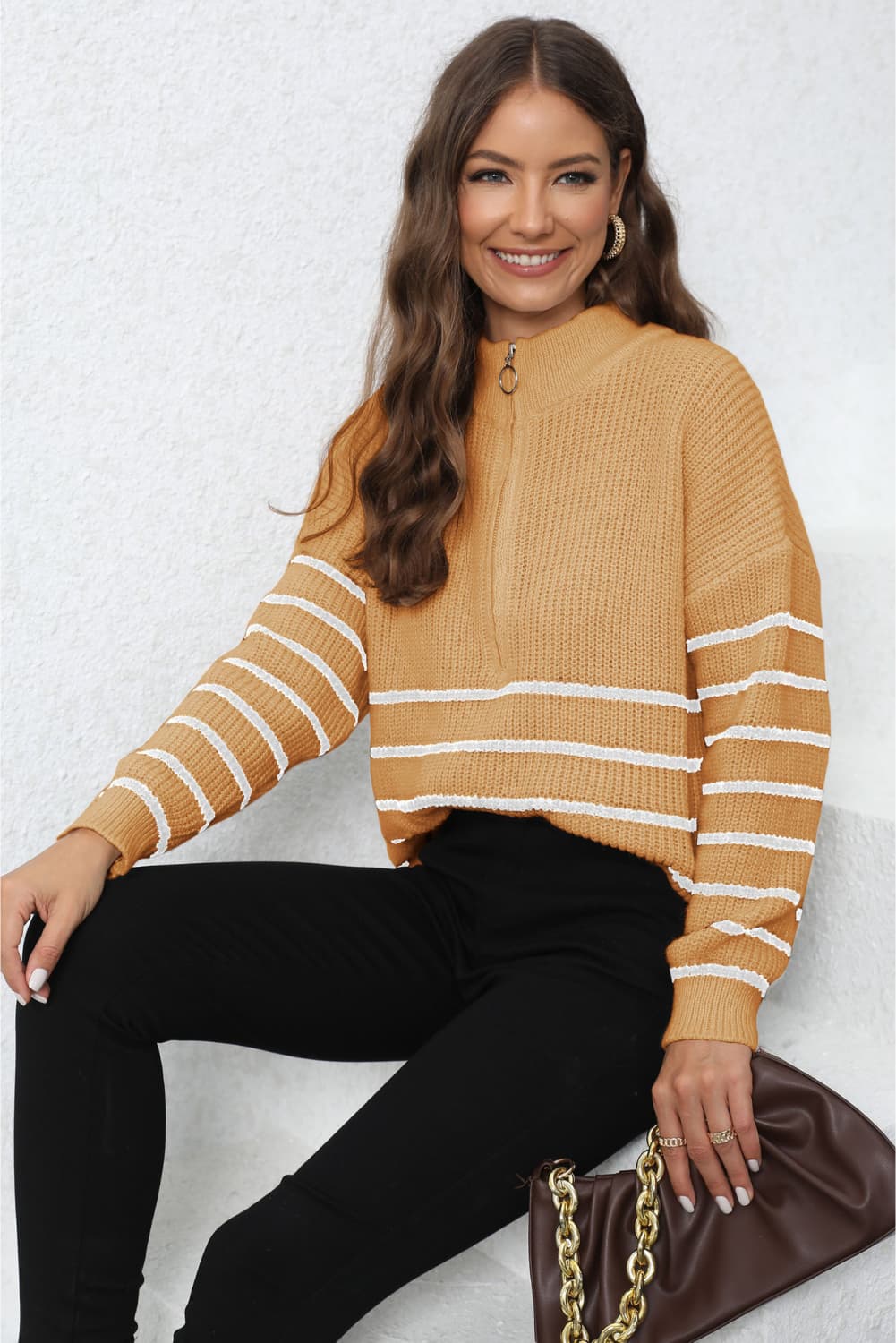 Mock Neck Long Sleeve Zip-Up Sweater - Body By J'ne