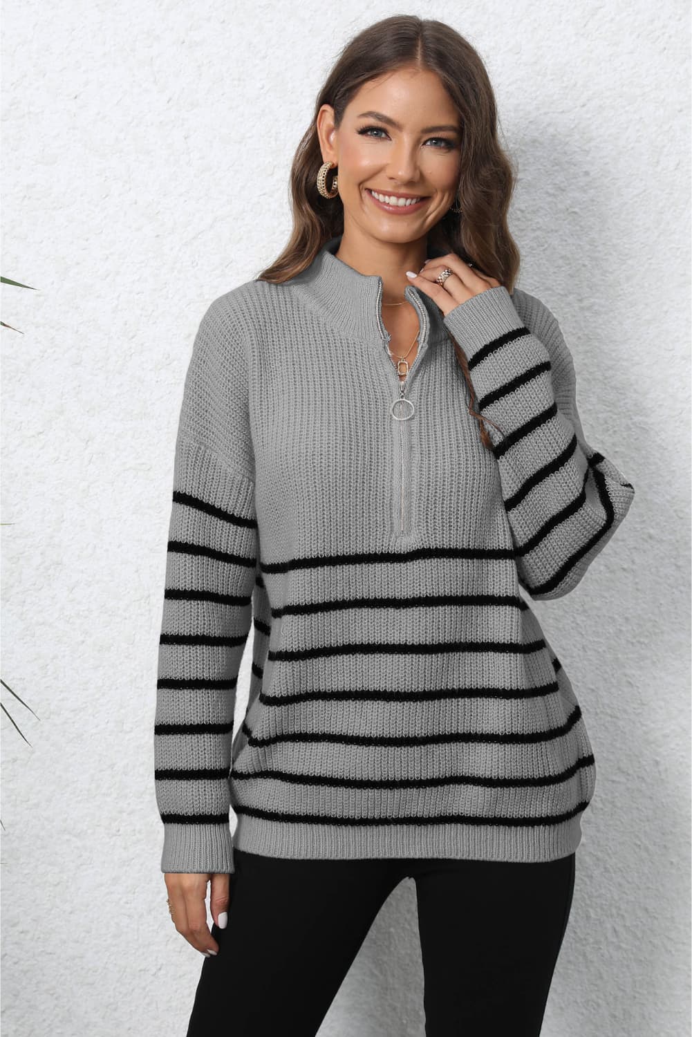 Mock Neck Long Sleeve Zip-Up Sweater - Body By J'ne