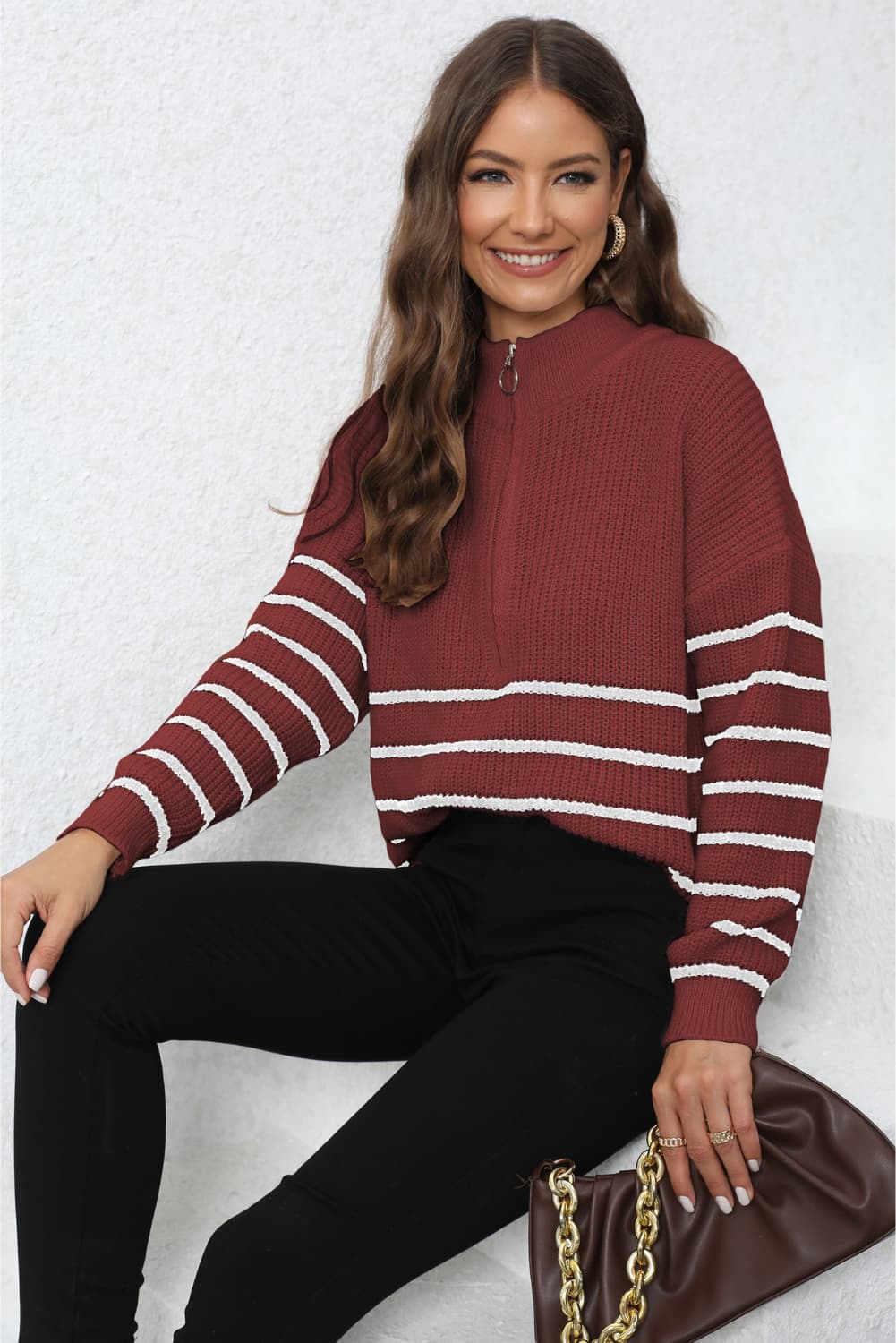 Mock Neck Long Sleeve Zip-Up Sweater - Body By J'ne